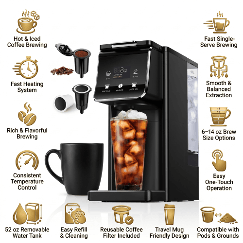 K Cup Coffee Maker, Hot and Iced Coffee Machine for K-Cup Pod, Nespresso Original, Dolce Gusto Pods, Ground Coffee, 6 to 14oz Brew Size with Reusable Filter - Black