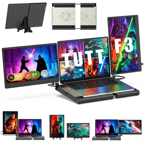 TUTT 14'' Portable Monitor | Laptop Base | 360° Rotation Stand, Multi-Position | F3 Built-In Speaker | All Devices Compatible (H5 Converter Cable Included)
