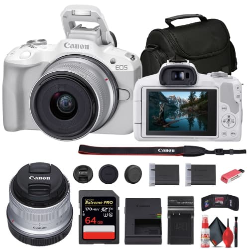 Canon EOS R50 Mirrorless Camera with 18-45mm Lens (White) + 64GB Card + Bag + More