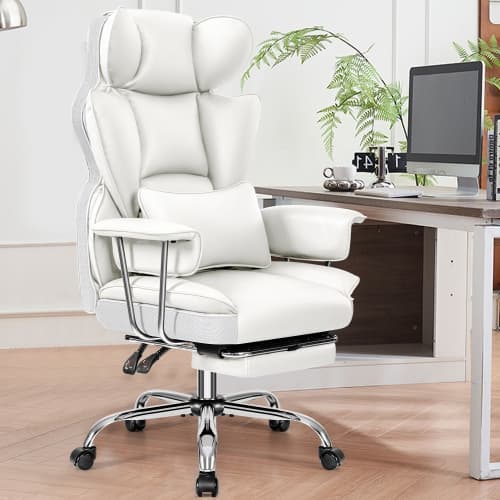 Coolhut Office Chair, Big & Tall Executive Office Chair with Footrest, Beautiful PU Leather Computer Chair, Ergonomic Reclining Chair High Back with Pillow Soft White Leather Chair