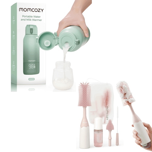 Momcozy Portable Milk Warmer for Travel, Portable, Fast Heating, & Momcozy Bottle Brush Kit, Innovative Push-Press Design for Better Cleaning