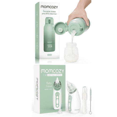 Momcozy Baby Nasal Aspirator, 3 Suction Levels Electric with Light Soothing and Music & Portable Milk Warmer for Travel – Dual Heating Modes for Breast Milk & Water, Portable Fast