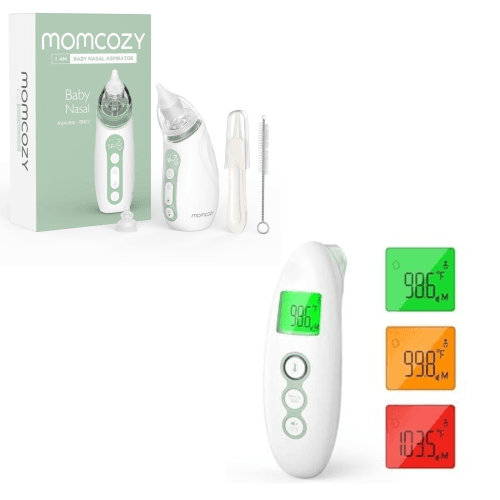 Momcozy Baby Nasal Aspirator, 3 Suction Levels Electric with Light Soothing and Music & Momcozy Non-Contact Forehead and Ear Thermometer, Mute and Memory Functions