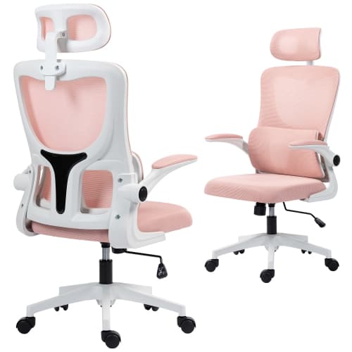 Vinsetto Ergonomic Office Chair with Auto-Adaptive Lumbar Support, High Back Desk Chair with Adjustable Headrest & Height, Rotatable Arm, Rock Function for Office, Pink