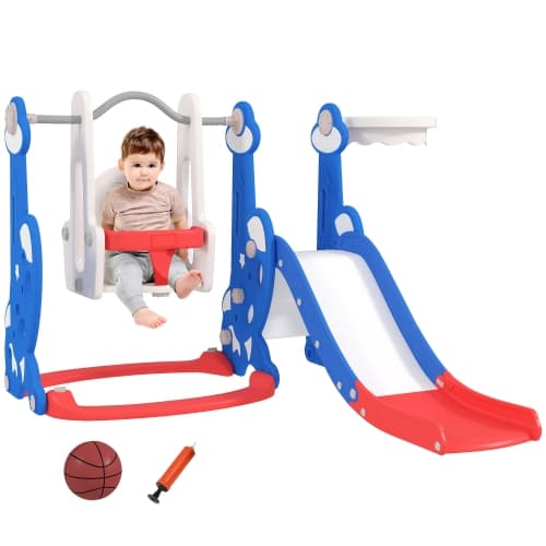 Qaba 4-in-1 Toddler Slide, Baby Kids Indoor Slide and Swing Set with Basketball Hoop, Climber, Indoor Playground for Ages 1.5-4 Boys Girls Toddler, Rocket Themed, Dark Blue