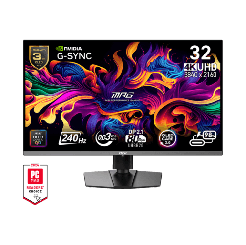 MSI 32" 3840 x 2160 (UHD) 240Hz 0.03ms (GTG) QD-OLED Gaming Monitor DP 2.1, HDR True Black 400, Clear MR13000, Type-C 98W, Height Pivot adjustable (MPG 322URX QD-OLED)