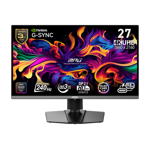 MSI 27" 3840 x 2160 (UHD) 240Hz 0.03ms (GTG) QD-OLED Gaming Monitor DP 2.1, HDR True Black 400, Clear MR13000, Type-C 98W, Height Pivot adjustable (MPG 272URX QD-OLED)