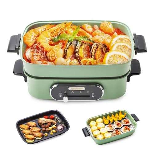 Joydeem 3-in-1 Electric Hot Pot, Multi-use Shabu Shabu Pot with Grill Pan & Steamer, Non-stick Ceramic Oil Coating, 4.5L, JD-HG9088G, Green, Standard