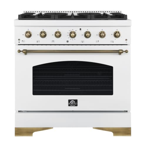 Forno Antico 36-inch Dual Fuel Range White and Antique Brass Design with 6 Sealed Gas Burners and Electric Convection Oven