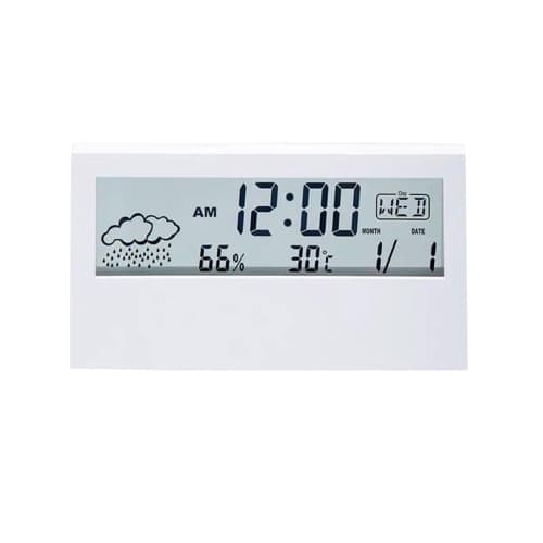 Digital alarm clock with transparent LCD screen, weather display, temperature and humidity screen, snooze alarm clock, electronic time management reminder, white