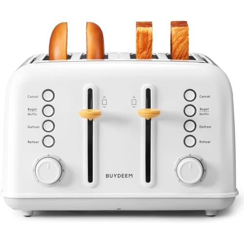 BUYDEEM DT640 4-Slice Toaster with Extra Wide Slots, Bagel & Muffin Function, 7 Shade Settings, High Lift Lever, Retro Stainless Steel, Arctic White