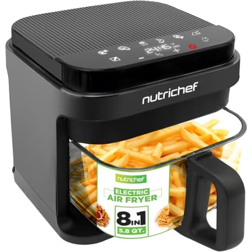 Nutrichef 5.8 Quart Air Fryer 8-1 Preset Cook Modes Transparent Fry Bowl for Best Cooking Results Cook Shrimp, Steak, Fries, Wings, Chicken & More Precise Temperature Control