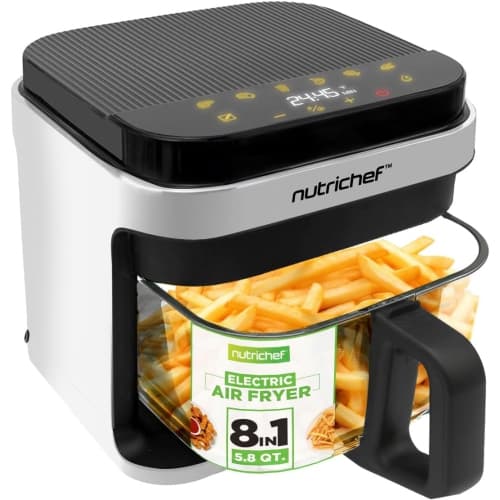 Nutrichef 5.8 Quart Air Fryer | 8-1 Preset Cook Modes | Transparent Fry Bowl for Best Cooking Results | Cook Shrimp, Steak, Fries, Wings, Chicken & More