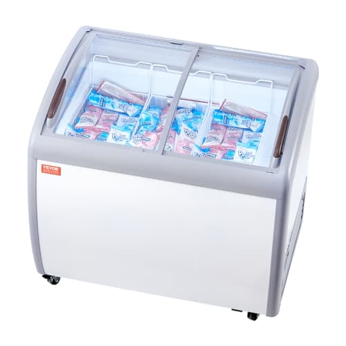 VEVOR 9.3 Cu.ft Commercial Ice Cream Display Case, Chest Freezer, Mobile Glass Top Deep Freezer, Restaurant Gelato Dipping Cabinet with 3 Wire Baskets,2 Sliding Glass Doors,White