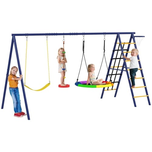 Qaba 6-in-1 Swing Sets for Backyard, 353 lbs Capacity Metal Outdoor Playset with A-Frame, Belt Swing, Saucer Swing, Disc Rope Swing, Climbing Ladder, Basketball Hoop and Net, Multi