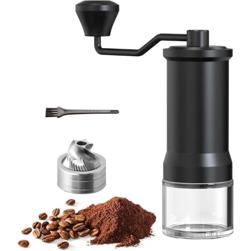 Manual coffee grinder, stainless steel conical burr coffee grinder with adjustable settings, glass box for visible powder, portable coffee grinder for home use