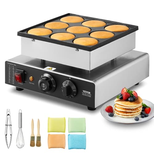 VEVOR 9PCS Dutch Pancake Maker, 76mm Diameter Dorayaki Baker Machine, 850W Commercial Electric Poffertjes Grill, Non-stick Stainless Steel, Temp & Time Control, for Home Restaurant