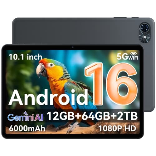 10" Android 16 Tablet, HD IPS Display, 64GB Storage (Expandable up to 2TB), Dual Speakers, Wi-Fi 6, 6000mAh Battery, Gray