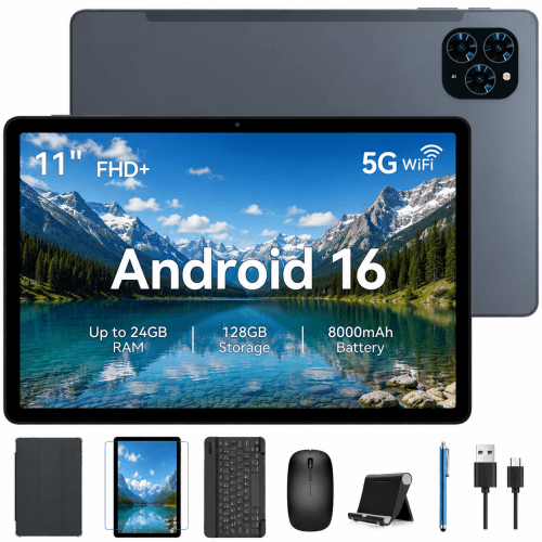 11" Android 16 Tablet Bundle with Keyboard, Mouse & Stylus – FHD Display, 128GB Storage, 8000mAh Battery, Gray