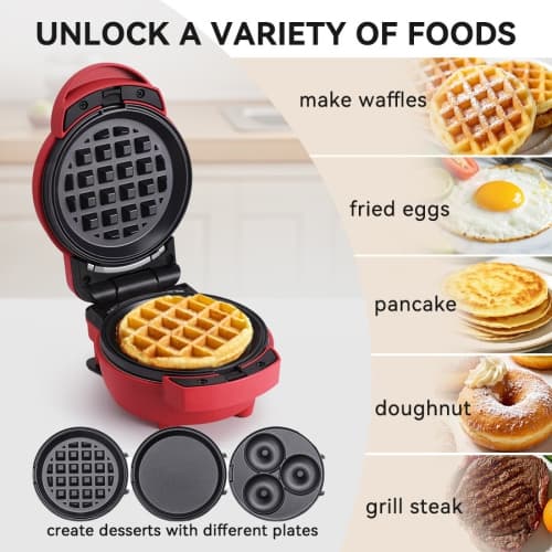 Red 3-in-1 Interchangeable Baking Plate, Mini Waffle Maker - Multi-Function, Fast Heating, Various Cooking Functions, Easy Cleaning, Mini Bread Maker Donut Maker Breakfast Maker