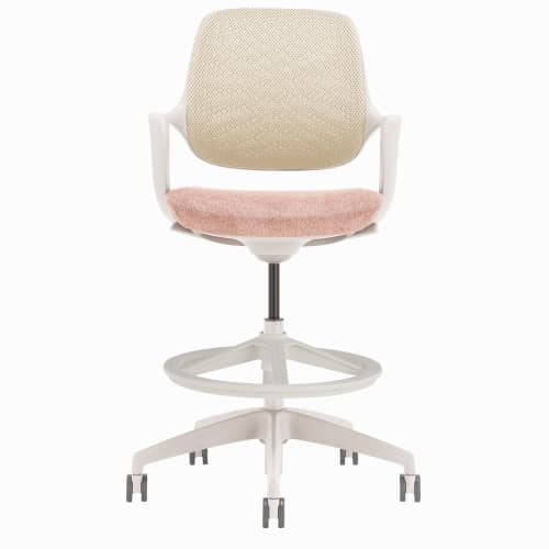 Desky Evoque Low Back Office Chair – White + Peach Mesh With Drafting Kit, Task Seat, Adjustable Height & Lumbar Support