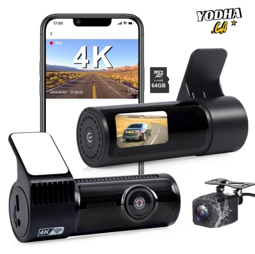 4K+1080P Dash Cam Front and Rear Camera, 64GB SD Card, App Control, 1.5" Display Dash Cam Front, Night Vision, G-Sensor, Loop Recording, 24/7 Parking Mode (Optional Hardwire Kit)