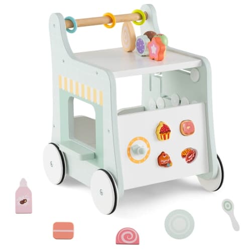 Costway Wooden Baby Walker Ice Cream Cart Toy with Sweet Accessories & Smooth Wheels Green/Pink
