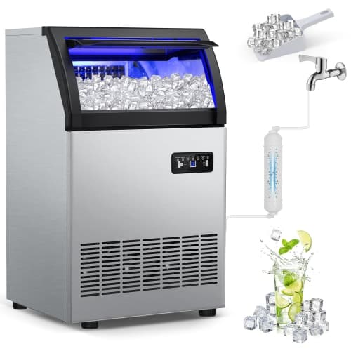 Commercial Ice Maker 260Lbs/24H, Ice Machine 72pcs Ice Cubes, Freestanding Ice Maker Machine with Water Line and Filter, 55Lbs Storage Ice Bin, Stainless Steel Undercounter