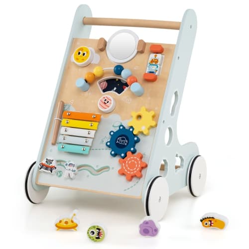 Gymax Wooden Baby Walker Push & Pull Learning Activity Center w/ Wheels Push Toy Green