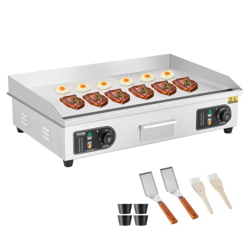 VEVOR 2800W Commercial Electric Griddle, Countertop Half-Flat Top Grill, 122℉-572℉ Adjustable Temp, 28.74x15.75x0.39in Stainless Steel Griddle Grill with 2 Shovels for Home