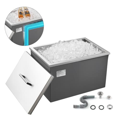 VEVOR 20"L x 14"W x 12"H Drop in Ice Chest, Stainless Steel, 31.7 Quart Commercial Ice Bin with Pot Lid for Outdoor Kitchen Patio Bar, Drain-pipe Set Included, for Cold Wine Beer