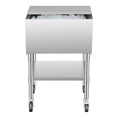 VEVOR 61.6L Commercial Ice Bin, Rolling Ice Chest, 24 x 19.1 x 36.8 in Stainless Steel, with Sliding Lid, Bottom Storage Tray, Adjustable Bullet Feet, for Bar, Restaurant, Pub