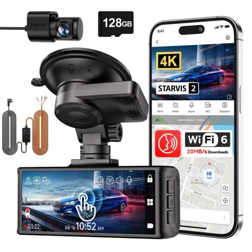 REDTIGER 4K 3.18" Touch Screen Night Vision Dash Cam , STARVIS 2 , Voice Control , 128GB , 5.8GHz WiFi , GPS &HW Kit - Black