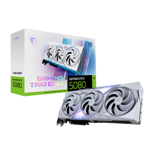 MSI GeForce RTX 5080 16G Gaming Trio OC White Graphics Card (16GB GDDR7, 256-bit, Extreme Clock 2715 MHz, DisplayPort x 3 2.1a, HDMI 2.1b, NVIDIA Blackwell Architecture)