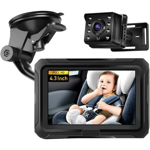 Baby Car Camera, Baby Car Mirror, 4.3" HD 1080P, 360 °Rotation Night Vision Baby Monitor with Camera, Rear Facing 5 Mins Easy Installation