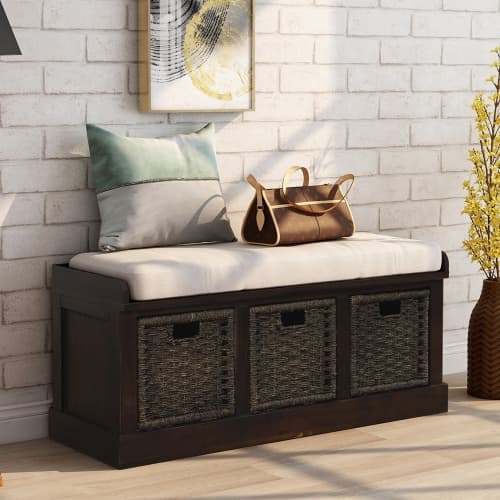 Rustic Entryway Bench with Rattan Baskets & Cushion (Espresso)