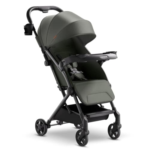 Mompush Lithe V2 Lightweight Stroller + Snack Tray – Ultra-Compact Airplane Ready Travel Stroller, Near Flat Recline, Cup Holder, Raincover & Travel Bag