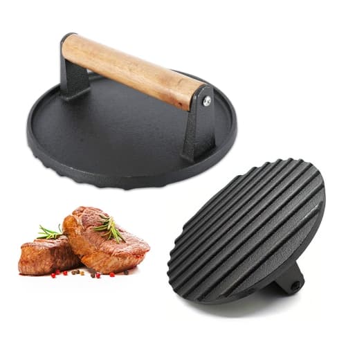 Burger Press, Heavy-Duty Cast Iron Hamburger Grill Press with Heat Resistant Wooden Handle Hamburger Patty Maker Bacon Sandwich Round Meat Press