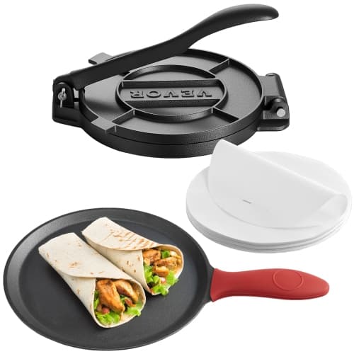 VEVOR 8-Inch Tortilla Press, Cast Iron Tortilla and Roti Maker, Heavy Duty Tortilladora Press, Pataconera Makers with Handle and 100 Pcs Parchment Paper, for Flour Tortilla, Tawa