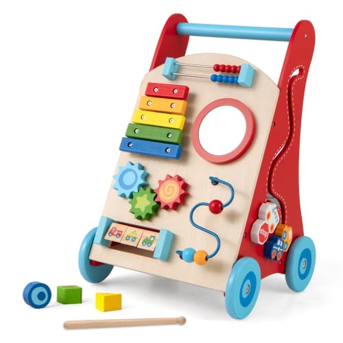 Gymax Wooden Baby Walker Baby Push Walker w/ Handle Storage & Wheels Walker Toy