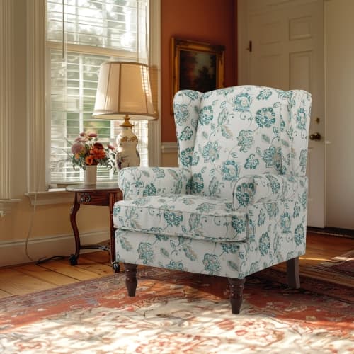 U-HOMY 37.5" H Modern Accent Chair, High Back Armchair, Upholstered Fabric Button Single Sofa with Wooden Legs for Living Room - Light Green