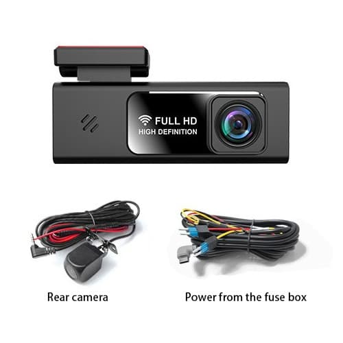 1080P WiFi Smart Car Dash Cam with Front and Rear View, Built-in G-Sensor, Loop Recording, Parking Monitoring, Essential for Cars [Buck Wired Version with 64GB Memory Card]