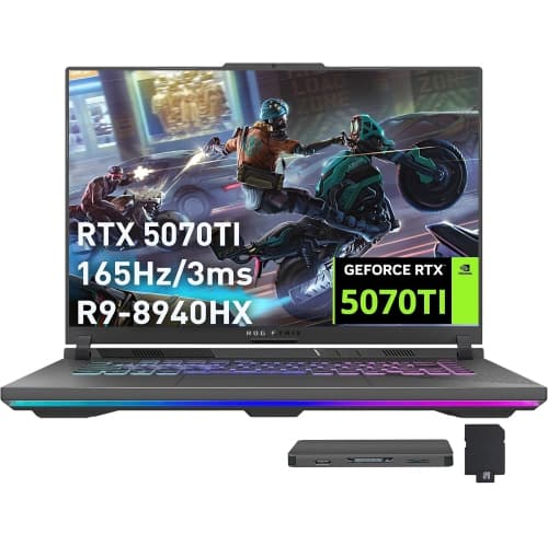 ASUS ROG Strix G16 Gaming Laptop, GeForce RTX 5070 Ti 12GB GDDR7,AMD Ryzen 9 8940HX,2TB SSD,64GB DDR5,Backlit Keyboard,16" WUXGA 165Hz Display, Win 11 Pro, Gray,1TB Docking Station