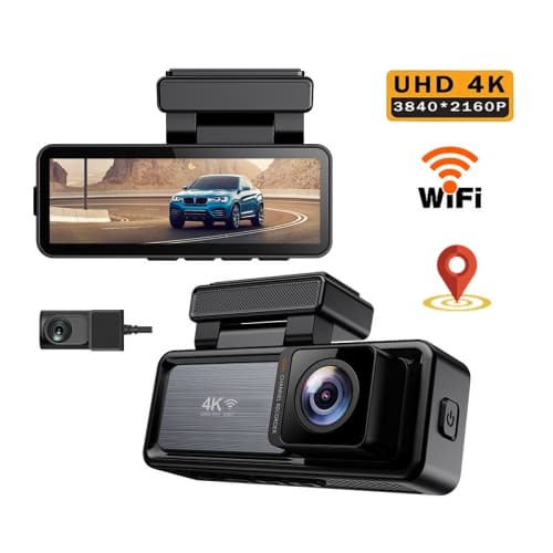4K dual-camera dashcam with WiFi and GPS, 3.2-inch screen, HD wide-angle monitoring, G-sensor, night vision, loop recording, and in-car DVR (with 64GB memory card)