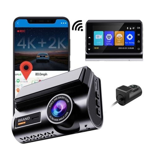 4K+2K front and rear dual-camera dashcam with 3-inch screen, WiFi mobile connectivity, GPS tracking, collision sensing, reverse image, DVR parking monitoring (+64GB memory card)