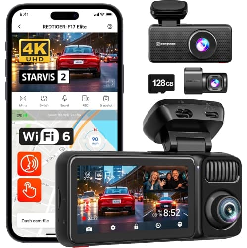 REDTIGER 4K 3 Channel Dash Cam, STARVIS 2 IMX678 & IMX675, 128GB Card, 4K+2.5K+1080P Front Rear and Inside, Touch Screen, Voice Control, 5GHz WiFi 6＆GPS