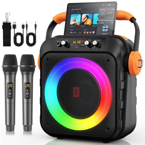 FanFun Bluetooth Karaoke Machine, Singing Machine with 2 Wireless Mics, Portable Karaoke Speaker with LED Lights, MS80