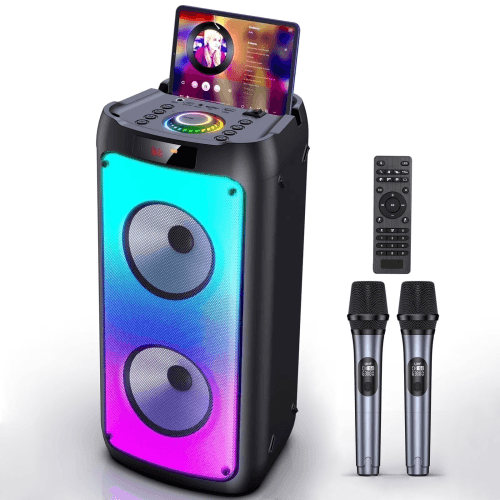 FanFun Bluetooth Speaker, Portable Party Speaker with 2 Wireless Mics & Remote Control, PartyBox with LED Lights, PA System, T10-T