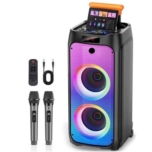 FanFun Portable Bluetooth Speaker with 2 Mics, Large Party Speaker with Wheels, Trolley Bar, DJ Light, Stereo System with Remote, T8