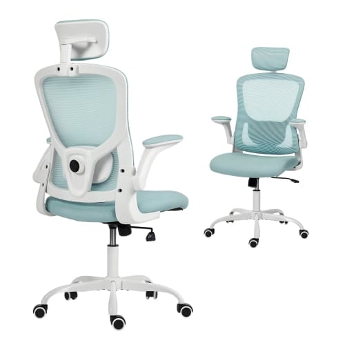 HOMCOM Ergonomic Office Chair, High Back Mesh Desk Chair with Adjustable Headrest, Lumbar Support and Height, Flip-Up Armrests, Swivel Wheels, Tilting Function, Light Green